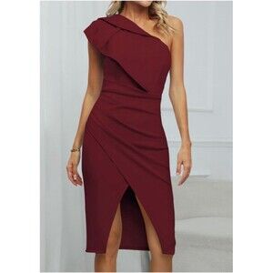 Cocktail Party Dress for Women One Shoulder Ruffled Ruched Slit Bodycon Medium